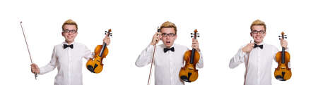 Young funny violin player isolated on whiteの写真素材
