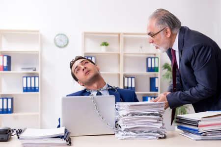 Old boss and young male employee in the officeの写真素材