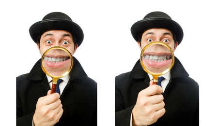 detective with magnifying glass isolated on white