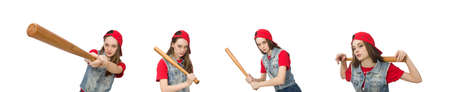 Pretty girl holding baseball bat isolated on whiteの写真素材