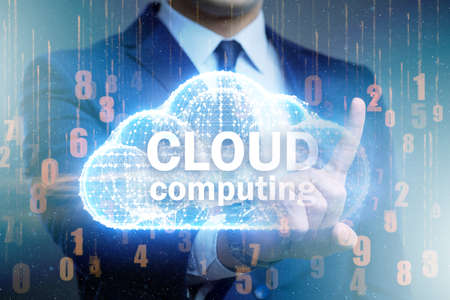 The cloud computing concept with woman pressing buttons