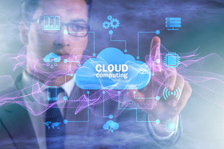 The cloud computing concept with woman pressing buttons