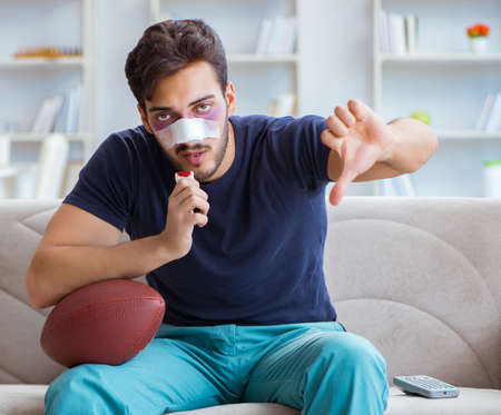 Young man defeated in sports game suffered loss with broken bleeの写真素材