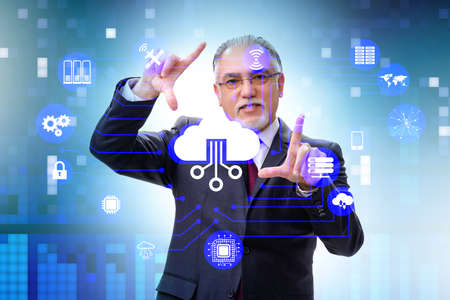 Cloud computing concept with woman pressing buttonsの写真素材