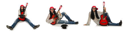 Male musician with guitar isolated on white