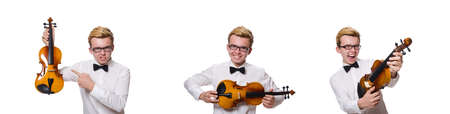Young funny violin player isolated on whiteの写真素材