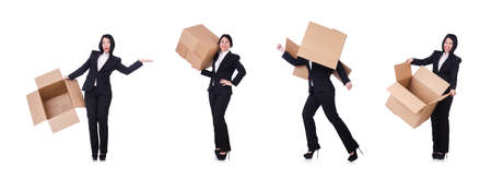 The woman with lots of boxes on whiteの写真素材