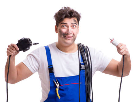 Funny man doing electrical repairの写真素材