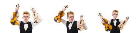 Funny man with violin on whiteの写真素材