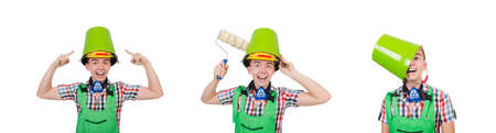 Funny painter with bucket isolated on whiteの写真素材