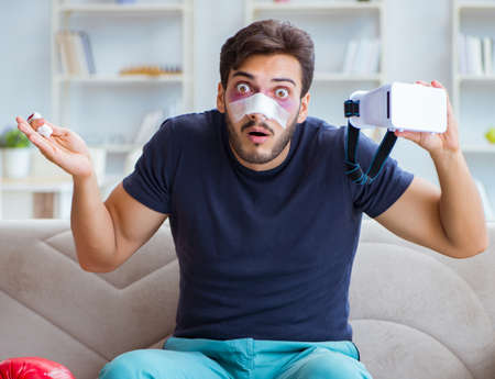 Young man defeated in sports game suffered loss with broken bleeの写真素材