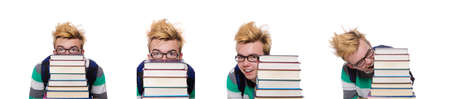 Funny student with stack of booksの写真素材