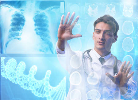 Telemedicine concept with doctor pressing virtual buttons