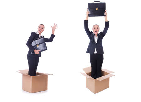 Woman with boxes on whiteの写真素材