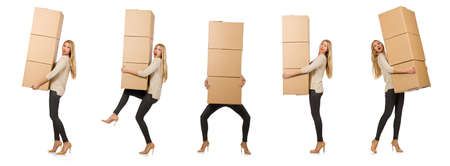 Woman with boxes relocating to new house isolated on white