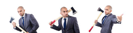 Funny businessman with axe on whiteの写真素材