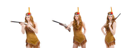 Indian woman with rifle on white