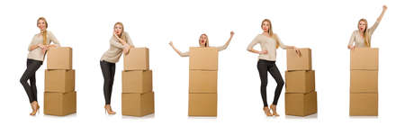 The woman with boxes relocating to new house isolated on whiteの写真素材