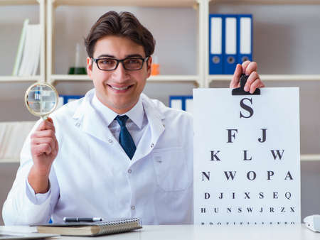 Doctor optician with letter chart conducting an eye test check