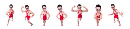 Funny wrestler isolated on white backgroundの写真素材