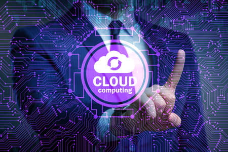 The cloud computing concept with woman pressing buttonsの写真素材