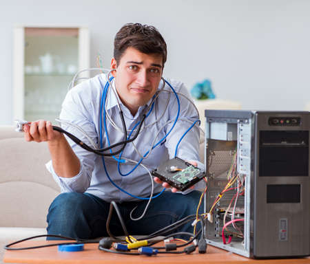Frustrated man with broken pc computer