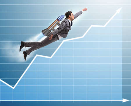 Businessman flying with rocket in funny business concept