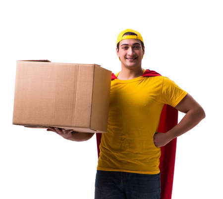 Super hero delivery guy isolated on white backgroundの写真素材