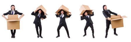 The funny man with boxes on whiteの写真素材