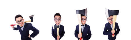 Funny businessman with axe on whiteの写真素材