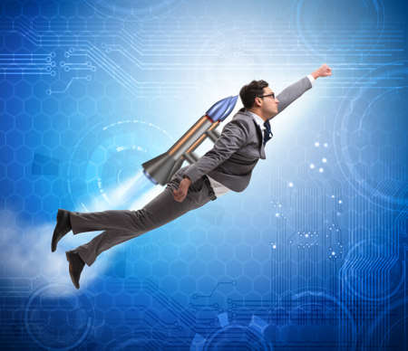 Businessman flying with rocket in funny business concept