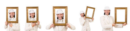 Man in white costume with picture frameの写真素材