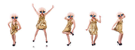 Man wearing woman clothing on white