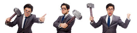 Business man holding hammer isolated on whiteの写真素材