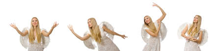Woman with angel wings isolated on whiteの写真素材