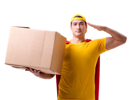 Super hero delivery guy isolated on whiteの写真素材