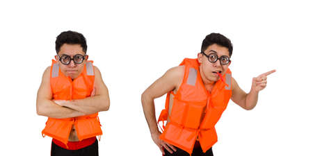 Funny man wearing orange safety vestの写真素材