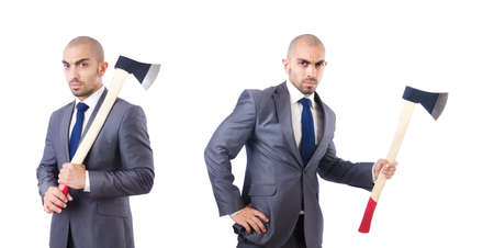 Funny businessman with axe on white