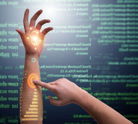 Human robotic hand in futuristic concept