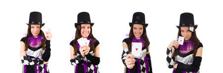 Pretty girl in jester costume isolated on whiteの写真素材