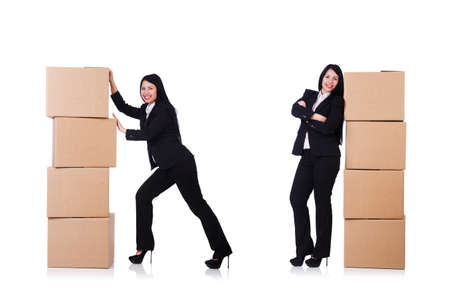 Woman with lots of boxes on whiteの写真素材
