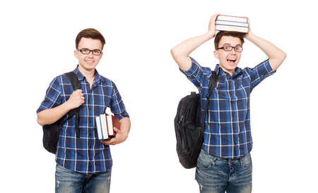 Funny student with stack of booksの写真素材