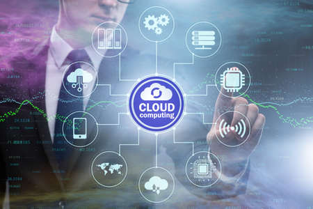 The cloud computing concept with woman pressing buttons