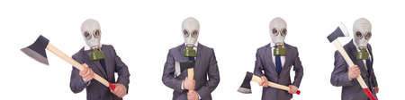 Businessman wearing gas mask isolated on whiteの写真素材