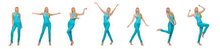 Pretty blond woman in blue pants and shirt isolated on white