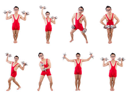 Funny guy with dumbbels on whiteの写真素材