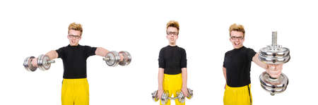 Funny guy with dumbbels on white backgroundの写真素材