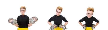 Funny guy with dumbbels on whiteの写真素材