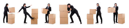 The funny man with boxes on white