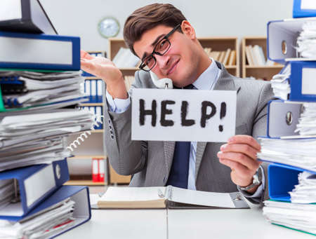 Busy businessman asking for help with work